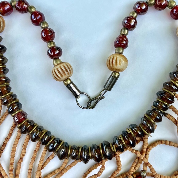 Fringed Choker with Hand-carved Bone Elephants - Vintage Boho Statement Necklace - Picture 10 of 10